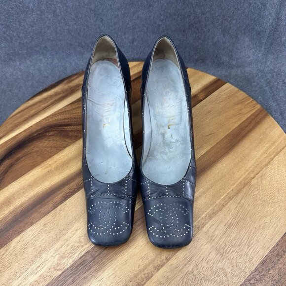 Chanel Womens Pumps Blue Leather Sz 36/6 Mark Punch CC Logo Heels Square Toe - Picture 4 of 16
